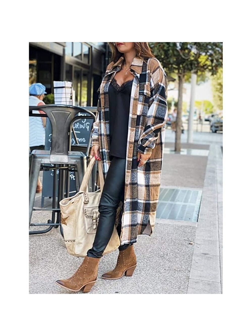 CASUAL Khaki Plaid Button Down Long Puff Sleeve Trench Coat Jacket Shacket Wool